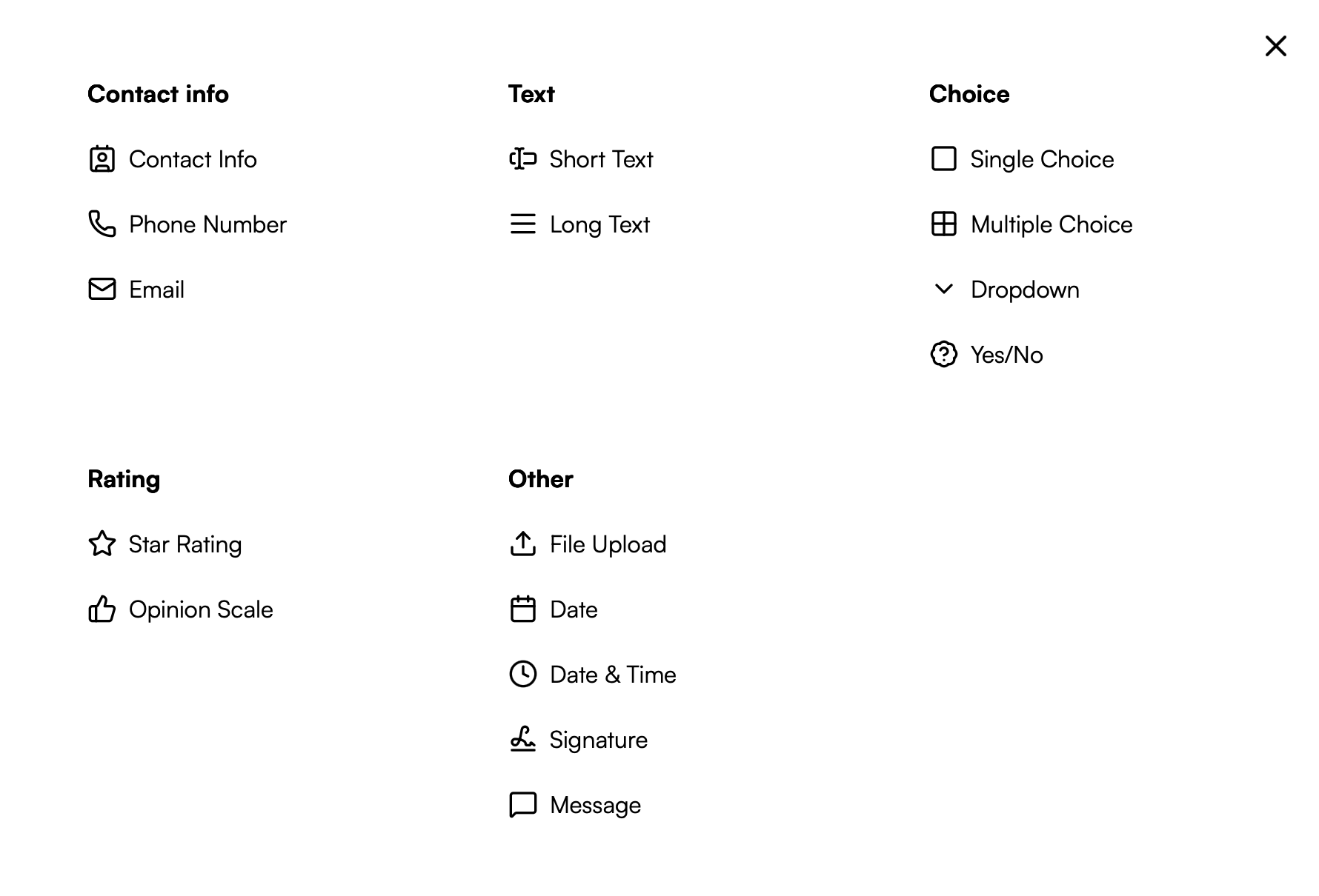 Selection of available question types