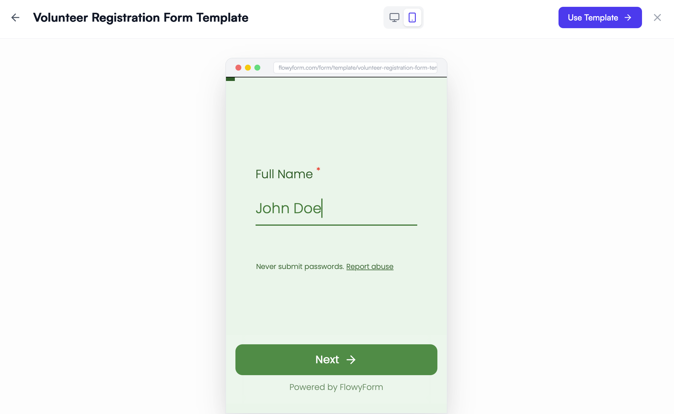 Previewing a volunteer registration template