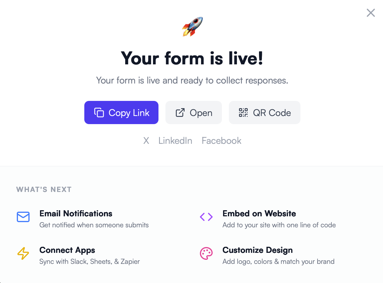 Success screen showing a live form