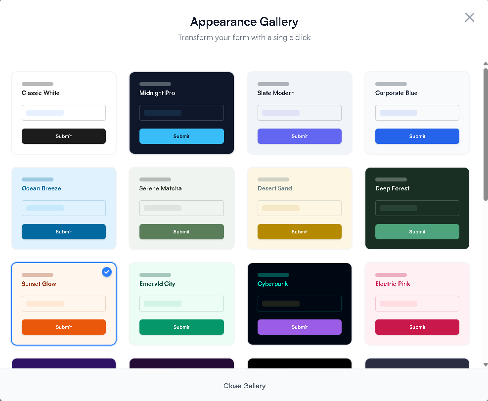 Theme Gallery The Appearance Gallery showing various theme presets