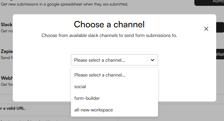 Selecting a Slack channel for form alerts