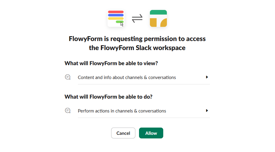 Granting permissions to the FlowyForm Slack app